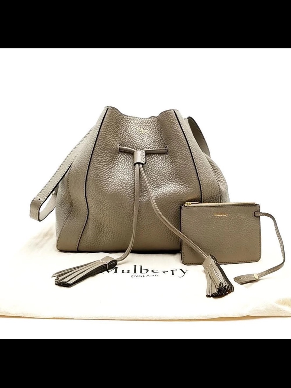 Mulberry Taupe Pebbled Leather Drawstring Bucket Bag with Pouch